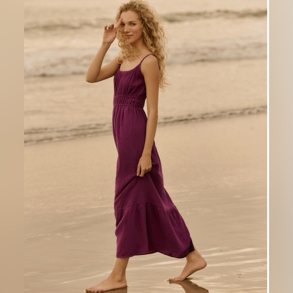 NWOT Pact 100% Organic Cotton Coastal Double Gauze Cami Maxi Dress Sangria SZ M